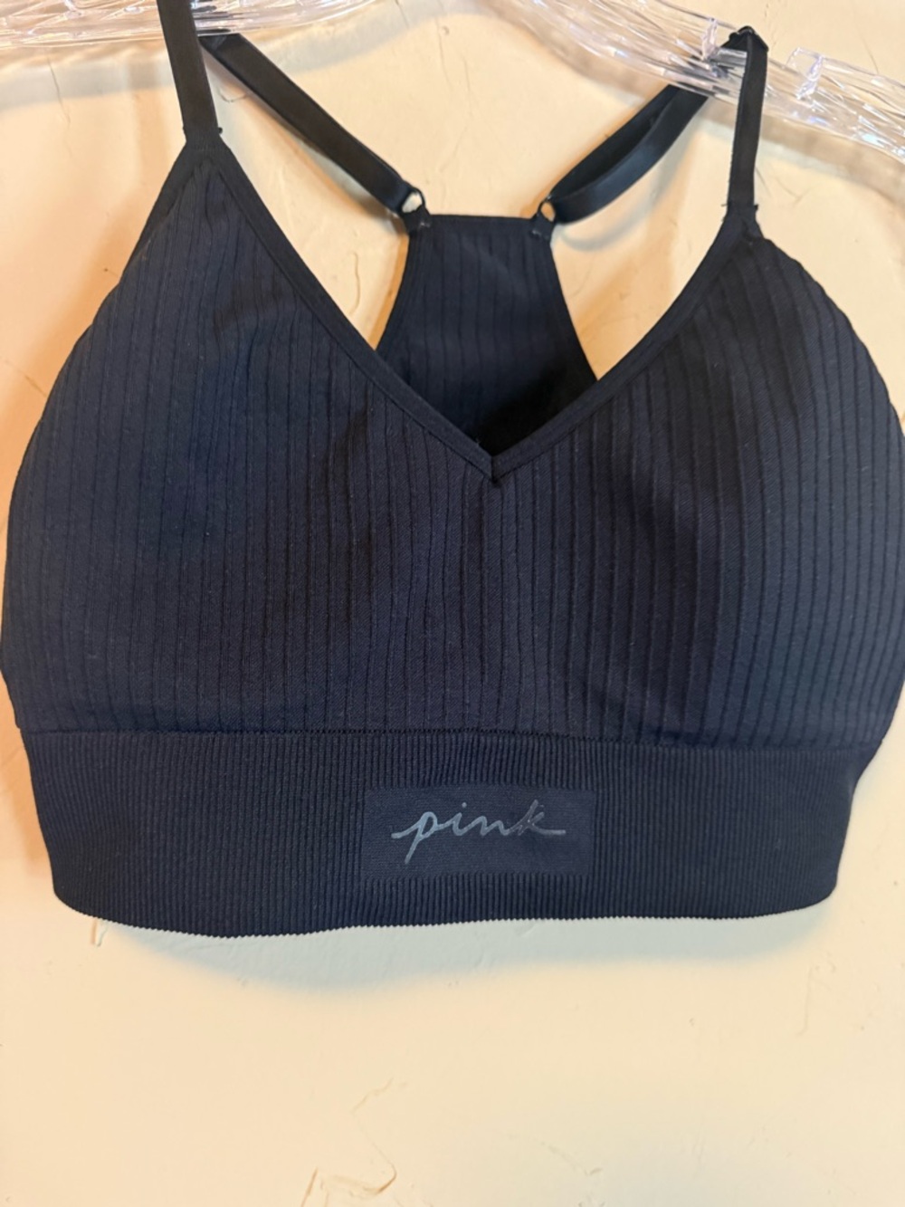 PINK Victoria’s Secret Black Ribbed Seamless Sports Bra Small Yoga Athleisure - Picture 3 of 6